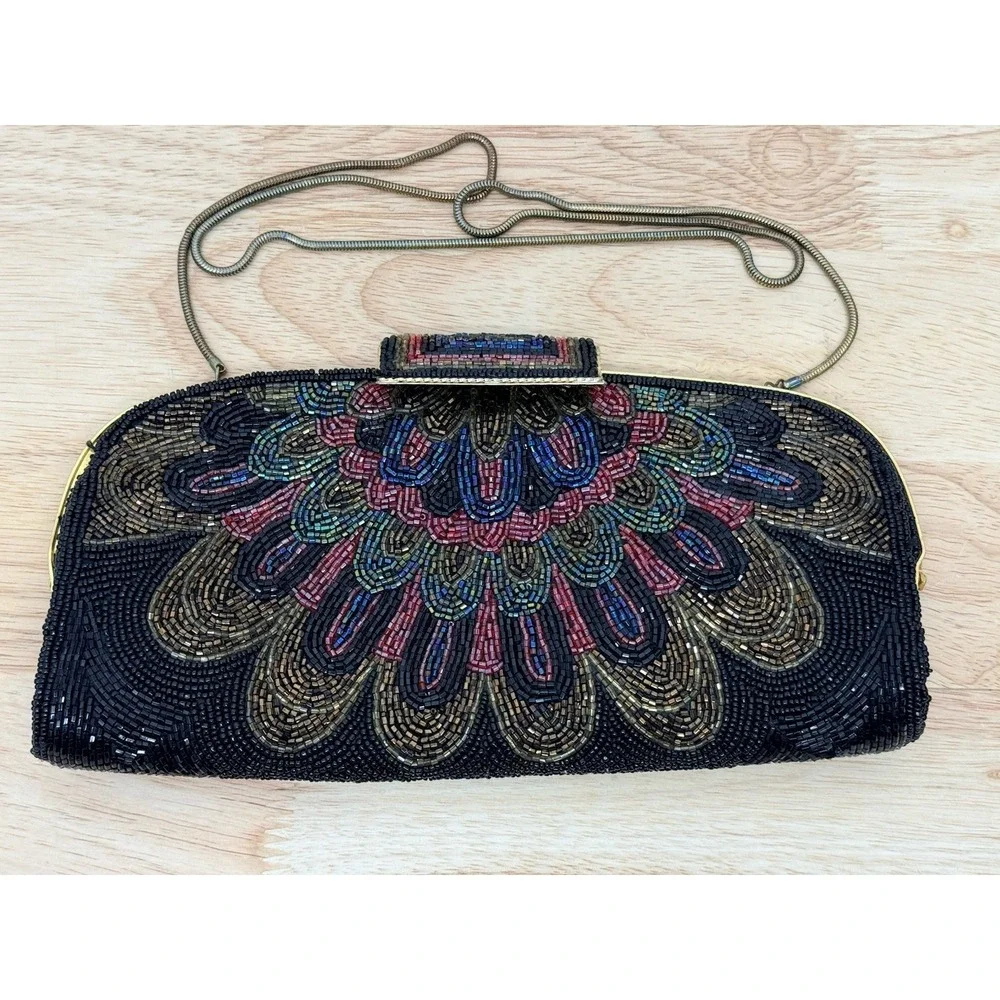 Vintage Beaded Clutch Purse Glass Seed Beads‎ Floral Art Deco Evening Bag #54